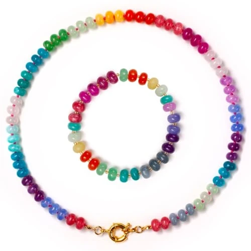 Women's Necklace with Bracelet Set, Handmade Boho Pearls Natural Stone Jewellery, Stylish Gift for Women, Kette 40cm,Armband 18cm, Natural stone, Agate Amethyst