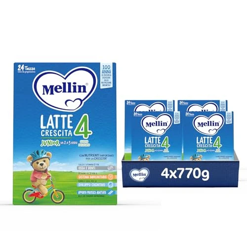 Offerta a tempo: MELLIN 4 - Latte di Crescita in Polvere per Bambini - dal 2° anno compiuto al 3° anno, Gusto Delicato - Confezione da 3080 grammi (4 pezzi da 770g) - 37% da 47.56 € a 29.99 €