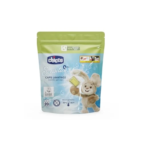 Chicco Caps Machine à laver, lessive en capsules, élimine les taches et les odeurs pour le lavage à la main et en machine à basse et haute température, hypoallergénique et testé dermatologiquement, 20