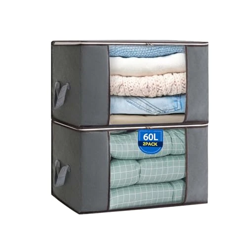 Boic Lot De 2 60L Sac De Rangement Vetement, Pliable Boite De Rangement Avec Couvercle, Rangement Pour Vêtements Avec Poignée Grand Sac De Rangement Pour Vêtements, Couvertures, Couettes