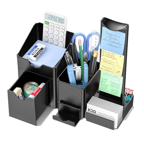 KDD 7 in 1 bureau organizer met lade, penhouder met koptelefoonhaak, mobiele telefoonhouder, notitiehouder, visitekaarthouder, tablet - afneembare kantoor organizer voor school, kantoor accessoires