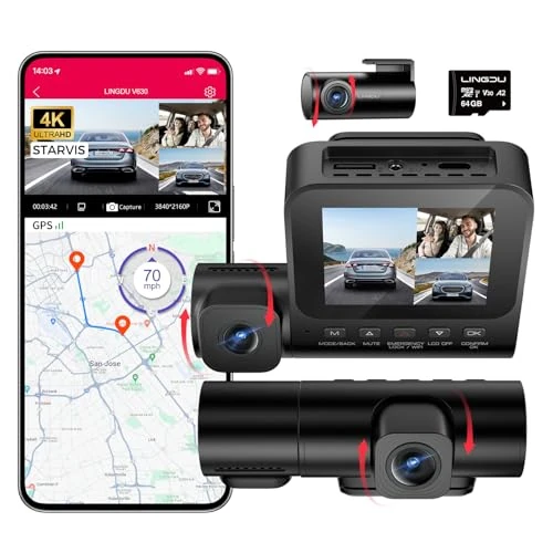 Offerta a tempo: LINGDU 3 Canali Dash Cam Auto 4K+1080P+1080P, WiFi GPS Telecamera per Auto con Scheda SD da 64GB, Visione Notturna IR, Controllo Vocale, Schermo IPS da 2.4", G-Sensor, Modalità Parcheggio 24H V630 - 33% da 149.99 € a 99.99 €