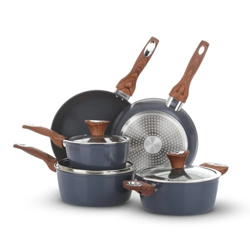 KASANOVA New Ceramic – Topf- und Pfannenset mit Keramikbeschichtung, Induktionsgeeignet, Antihaft-Töpfe und Pfannen mit Glasdeckeln (Petrol, 8-teiliges)