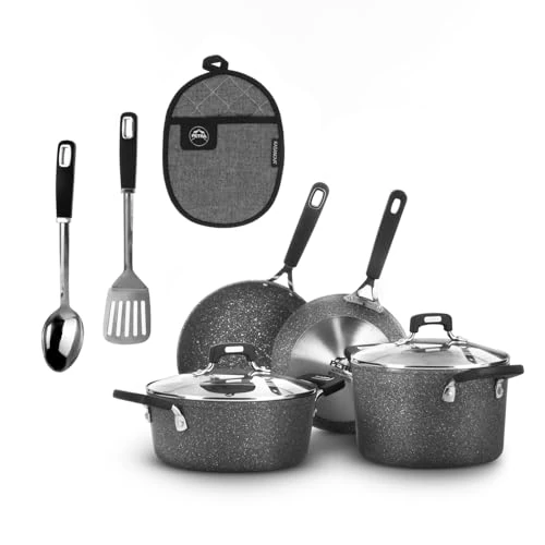 KASANOVA New Petra Dark Topf-Set – Töpfe und Pfannen für Induktion und Backofen bis 180°C, Antihaft-Kochgeschirr mit Griffschutz und Edelstahl-Löffel (9)