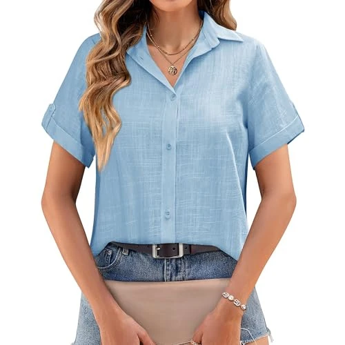 Offerta a tempo: Zeagoo Camicetta Donna Elegante Camicia a Maniche Corta Blusa Leggera Scollo a V Casual Top Primaverile Estiva Lavoro Blu S - 38% da 23.99 € a 14.99 €