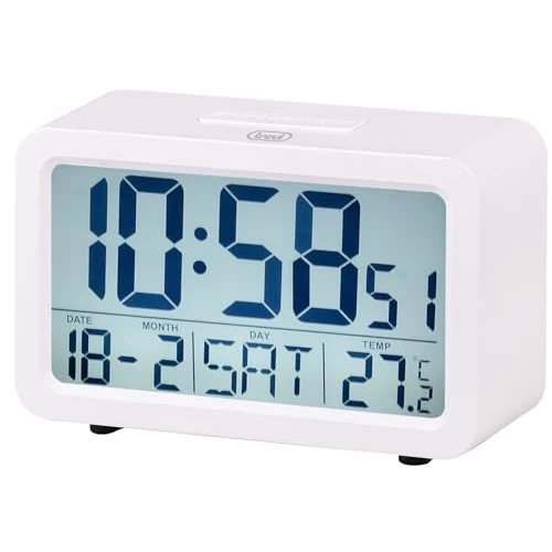 Trevi SLD 3P60 - Despertador Digital con Gran Pantalla LED retroiluminada, Reloj con termómetro, Calendario, Funciones de Temporizador y repetición, alimentación a Pilas AA, fácil de Usar, Blanco