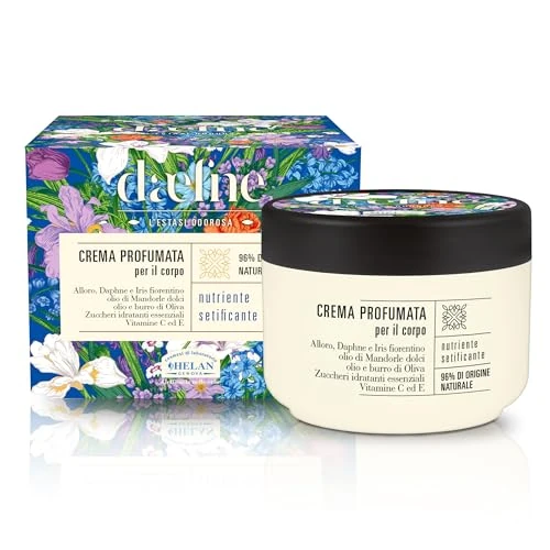 Offerta a tempo: Helan Daefne - Crema Corpo Idratante Profumata Antiossidante con Vitamina C e E, Crema Idratante Corpo Pelle Secca Nutriente con Olio di Mandorle Dolci e Oliva, 96%Origine Naturale 200ml Made in Italy - 50% da 25.00 € a 12.50 €