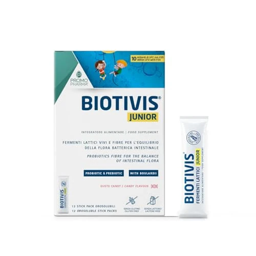Biotivis Junior–Fermenti Lattici Probiotici per Bambini-con 10 Mld di Probiotici, FOS e Vitamine B-Per l'equilibrio della Flora Batterica-Senza Glutine e Lattosio-12 Stick orosolubili da 1,3 g