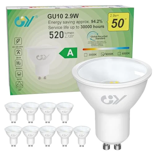 Offre limitée : GY Ampoules LED GU10 Classe A 2.9W Equivalent 50W, 520LM 4000K Blanc Neutre, Angle de Lumière 100°, Ampoule GU10 Led Efficacité Energétique, Non-Dimmable, Lot de 10 de 33.99 € à 33.99 € (0.00% de remise)