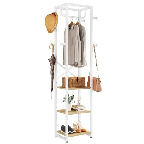 Offerta a tempo: IBUYKE Appendiabiti autoportante con 3 ripiani e 8 ganci, appendiabiti industriale per ingresso, corridoio, camera da letto, 180 x 40 x 30 cm, bianco naturale TMJ088R - 4% da 69.99 € a 67.43 €