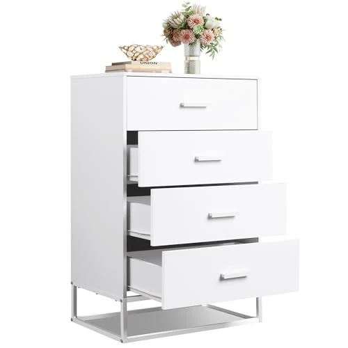 WLIVE Witte commode met 4 laden, commode voor slaapkamer, kantoor, commode woonkamer van hout, met stabiel metalen frame