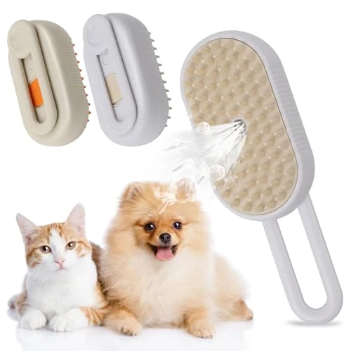 Kattenborstel met stoom, 2 stuks stoomborstel voor katten en honden, sproeiborstel, afneembare draagbare stoomborstel voor honden en katten (1 stuk, kaki + 1 stuk