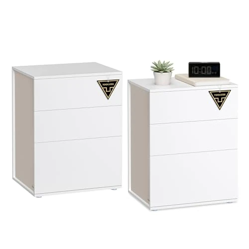 VASAGLE Table de Chevet, Toolless Assemblage Ultra-Rapide sans Outils, Lot de 2, Table d’Appoint avec 3 Tiroirs, Moderne, Chambre, Salon, Blanc Mat et Beige Cappuccino LET779W01