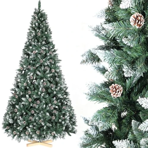 150 cm Artificial Christmas Tree with Snow Effect, Nordmann Fir Premium, Artificial Christmas Tree with Handmade Wooden Stand, Snow & 28 Pine Cones & 676 Tips, Easy to Assemble