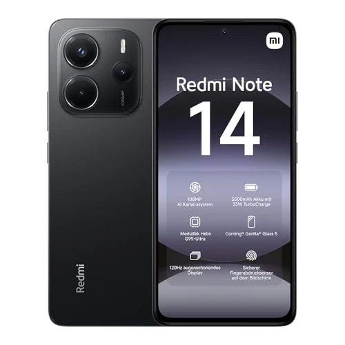 XIAOMI Redmi Note 14 smartfon 8+128 GB, ekran 6,67" AMOLED FHD+ 120 Hz, MediaTek Helio G99-Ultra, aparat 108 MP, TurboCharge 33 W, 5500 mAh, ładowarka nie dołączona, czarna (Wersja ES)