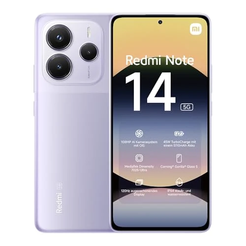 Xiaomi Redmi Note 14 5G smartphone, 8+256GB, purple, 108MP AI camera system, 5110mAh batterij, 120Hz eye-care display, AI features (oplader niet inclusief)