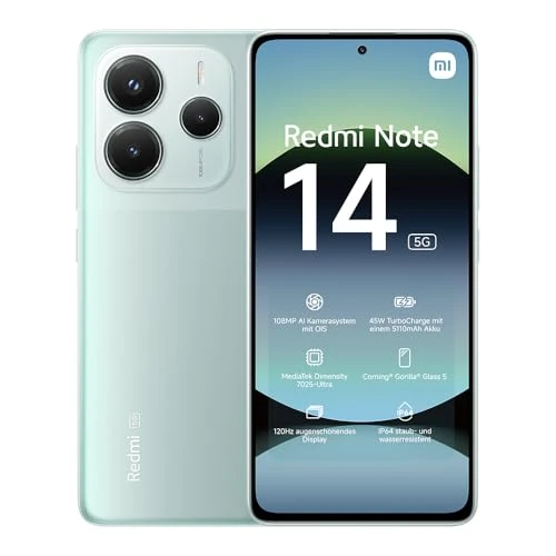 XIAOMI Smartfon Redmi Note 14 5G, 8+256 GB, zielony, system kamer IA 108 MP, bateria 5110 mAh, ekran do pielęgnacji oczu 120 Hz, funkcje sztucznej inteligencji (ładowarka nie jest dołączona) (wersja