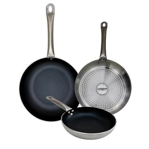 FMprofessional Set of 3 Professional Frying Pans 20/24/28 cm, Lightweight and Durable Aluminium, Suitable for Induction and All Types of Cookers, Non-Stick, Double Layer, Honeycomb Structure
