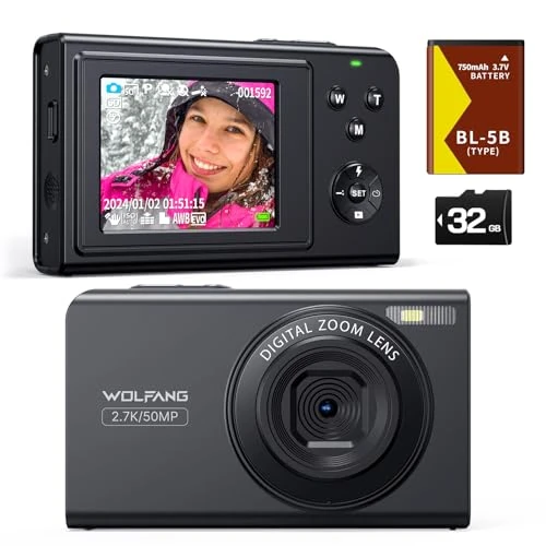 Offerta a tempo: WOLFANG Fotocamera digitale, fotocamera per bambini da 2,7K, fotocamera compatta da 50MP, videocamera con zoom digitale 16x, zoom e scatto automatico, regalo per ragazzi - 27% da 44.99 € a 32.79 €