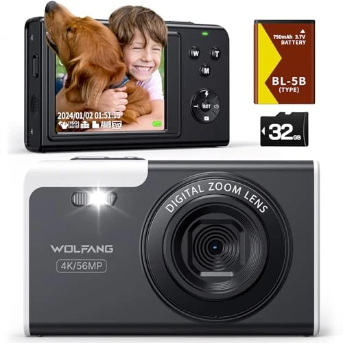 Oferta limitada: WOLFANG Cámara Digital Portátil Compacta, cámara Infantil 4K para fotografía, Cámara de Fotos de 56 MP, con Zoom de 16X, Recargable Cámara para Niños, Principiantes, Adulto de 59.99 EUR a 35.99 EUR (ahorro 40%)