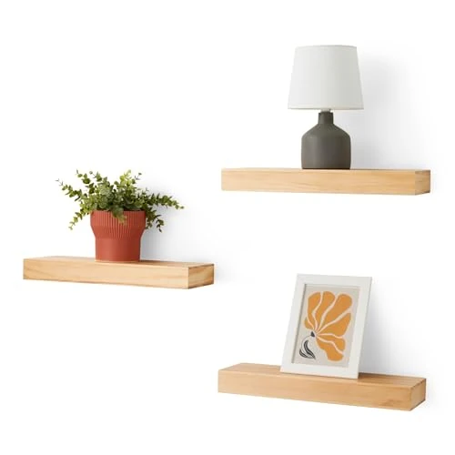 Amazon Basics Wood Floating Wall Shelves, Pack of 3, Pine, 15.8" x 5" x 1.8"