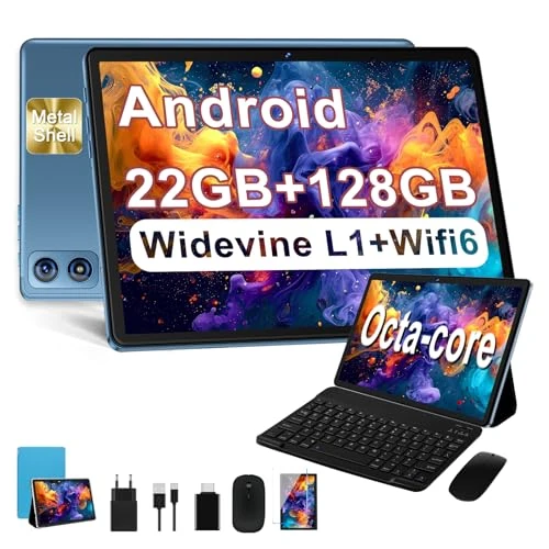 Dghrti 2025 Tablet Android 14 | 10 Pulgadas | 22GB RAM + 128GB ROM+TF 1TB | UFS 2.1 Flash | Procesador 8-Core | 8000mAh | WiFi 5G/2.4G | BT5.0 | Widevine L1 con Tablet 2 en 1 con Teclado y Ratón-Azul