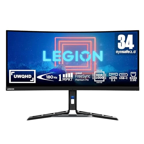 Lenovo Legion Y34wz-30 Monitor Gaming Curvo 34" WQHD (3440x1440), VA, 1ms, 165Hz (Overclock 180Hz), Altoparlanti, Regolabile, AMD FreeSync Premium Pro, HDMI 2.1 + DP + USB-C
