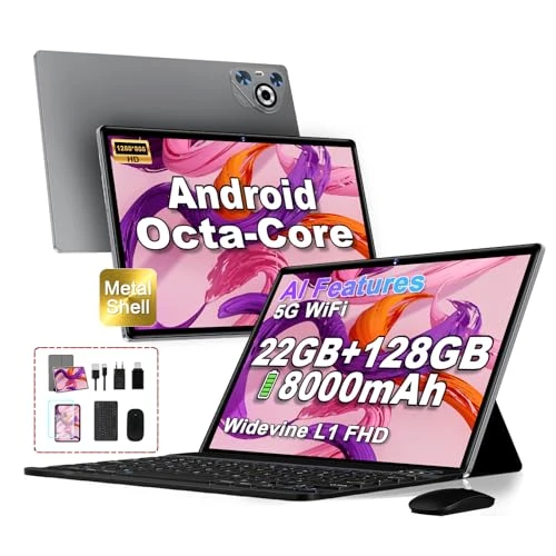 Offre limitee: Dghrti Tablette Android, 10 Pouces, 22Go RAM 128Go ROM/TF 1TB Extensible, HD Écran IPS, 8000mAh, WiFi 5G, Octa-Core, BT5.0, 8MP+5MP, Corps métallique, Tablet Tactile avec Clavier, Souris-Gris de 119.99 EUR a 119.99 EUR (economie 0%)
