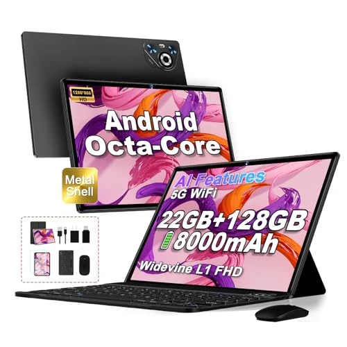 Limitiertes Angebot: Dghrti Android Tablet 14, 1A0 Zoll, 22 GB RAM, 128 GB ROM/TF 1 TB erweiterbar, HD-IPS-Display, WiFi 5G, Octa-Core, 8000 mAh, 8 MP+5 MP, Metallgehäuse, Touchscreen, Tablet mit Tastatur, Maus–Schwarz von 199.99 EUR auf 199.99 EUR (Spare 0%)