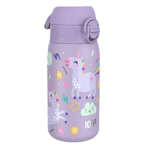 Limited offer: Ion8 Kids Water Bottle, Steel 400 ml/13 oz, Leak Proof, Easy to Open, Secure Lock, Dishwasher Safe, Flip Cover, Carry Handle, Easy Clean, Durable, Metal Water Bottle, Raised Print, Purple Unicorns from 16.99 EUR to 15.46 EUR (save 9%)