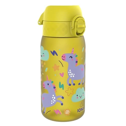 ion8 Botella de Agua para Niños, 350ml, a Prueba de Fugas, Fácil de Abrir, Cerradura Segura, Apta para Lavavajillas, Sin BPA, Asa de Transporte, Fácil de Limpiar, Unicornios, Amarillo