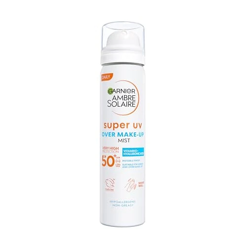 Garnier Spray utrwalający makijaż SPF50+, ochrona przed ciemnymi plamami, długotrwały idealny makijaż, wegańska formuła z gliceryną, witaminą E i kwasem hialuronowym, ambre solaire, 75 ml