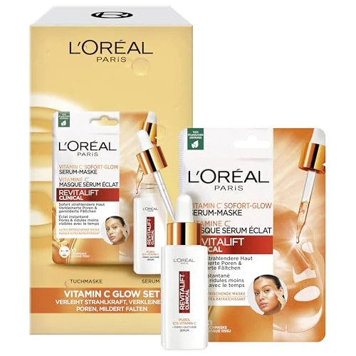L'Oréal Paris RevitaLift Clinical Vitamin C Glow Set: Serum & Maske mit purem 12% Vitamin C für strahlende Haut und verfeinerte Poren