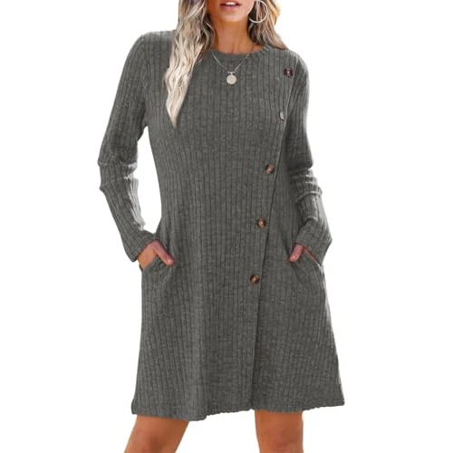 Oferta limitada: Yeenily Vestido Punto para Mujer Cuello Redondo Vestidos Suéter Elegante Vestido de Jersey Manga Larga A-Line Casual Túnica Vestidos para Otoño Invierno (Gris, S) de 26.99 EUR a 9.99 EUR (ahorro 63%)