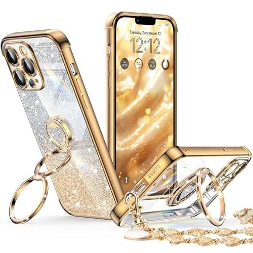 XYZ Custodia per iPhone 12 Pro con supporto, custodia per telefono con cavalletto a doppio anello, per donne e ragazze, lussuosa custodia trasparente glitterata per iPhone 12 Pro, oro