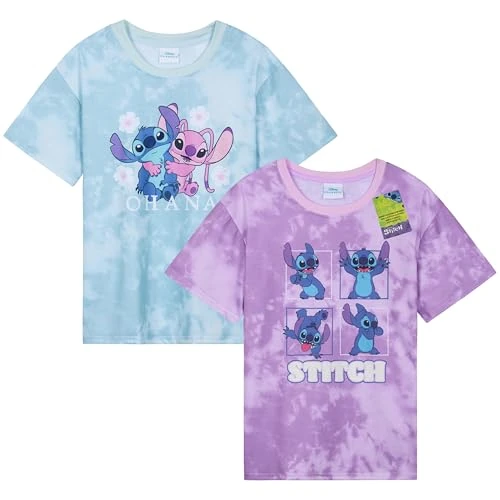 Disney Stitch T Shirt 2-pak dla dziewcząt i nastolatków krótki top rękaw okrągły dekolt koszulki wielopak miękkie wygodne oddychające szwy prezenty dla dziewcząt, fioletowy/niebieski, 9-10 lat