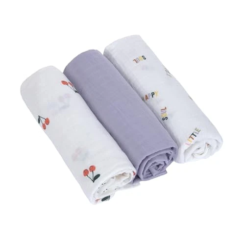 LÄSSIG Baby Puckdecke Spuckdecke Pucktuch Mulltuch 3er Set Baumwolle 85 x 85 cm/Swaddle & Burp Blanket L Happy Fruits Cherry