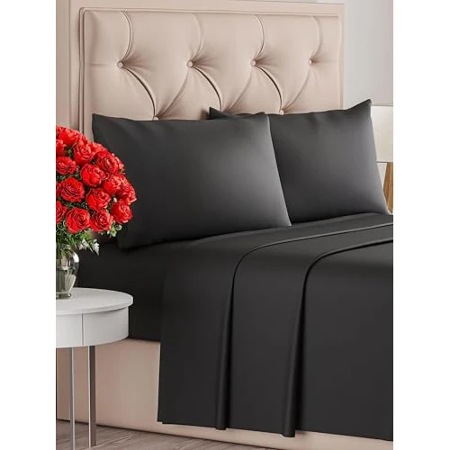 Offerta a tempo: Set lenzuola matrimoniali king size 4 pezzi 180x200 cm - morbida microfibra spazzolata, traspirante e certificata OEKO-TEX - lenzuolo con angoli, lenzuolo piatto 270x290 e 2 federe 50x80 - Nero - 0.00% da 28.99 € a 28.99 €