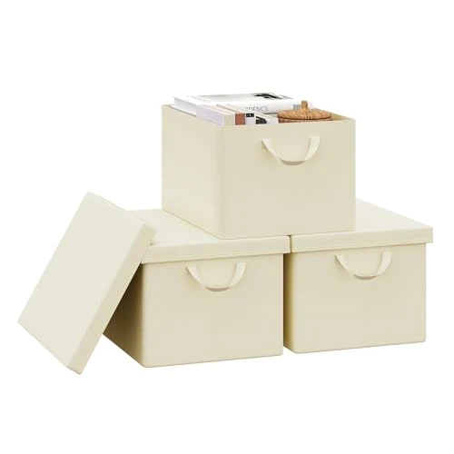 Tijdelijke aanbieding: WOLTU Opvouwbare opbergdozen, set van 3 stoffen manden, opbergkubussen met deksel en handgrepen, voor kleding, boeken en speelgoed, crème, 43 x 26 x 33 cm van 33.99 € naar 33.99 € (0.00% korting)