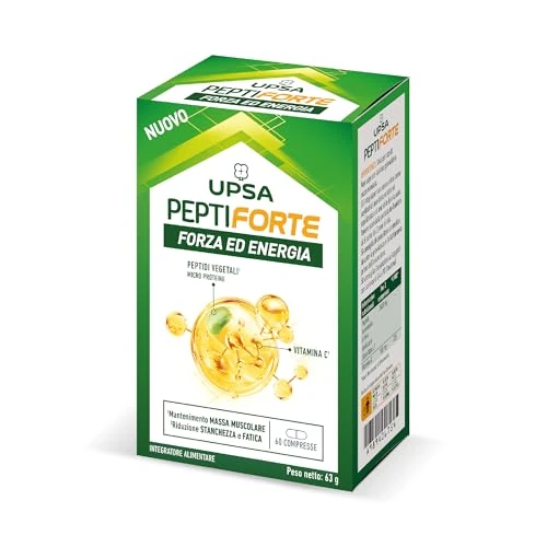 Offerta a tempo: UPSA PeptiFORTE Forza ed Energia, 60 compresse, Integratore Alimentare con Peptidi Vegetali e Vitamina C, Mantenimento della Massa Muscolare, Senza Glutine, Vegan - 44% da 8.90 € a 5.00 €
