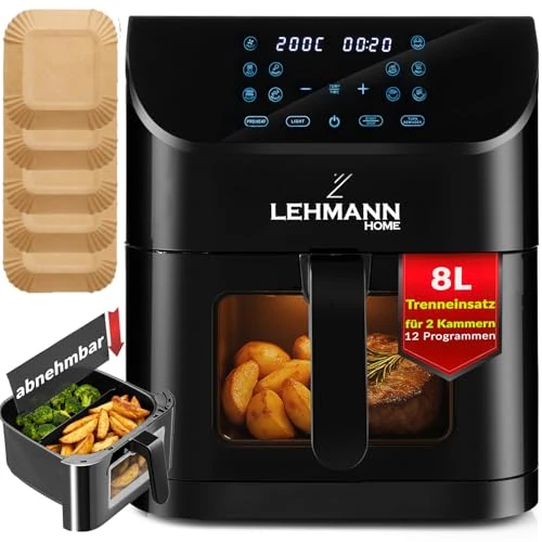 Offerta a tempo: LEHMANN Friggitrice ad Aria 8 Litri, Air Fryer XXL con Inserto Divisorio per Doppio Scomparto, Finestra di Visualizzazione, 12 Programmi & Regolazione Manuale 76–200°C, Lavabile in Lavastoviglie - 23% da 64.99 € a 49.99 €