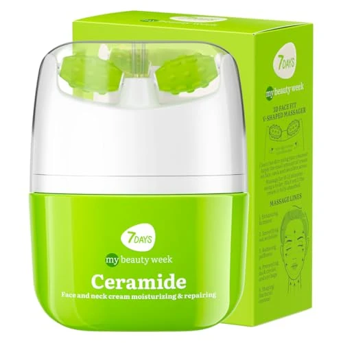 7DAYS Gezichtscrème met ceramide 40 ml met massageapparaat voor gezicht en nek: verjonging, versteviging en vocht, anti-zwelling, lifting, anti-aging, Koreaanse huid
