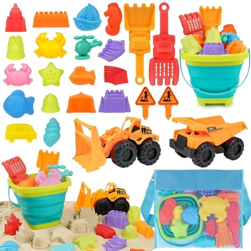 Tijdelijke aanbieding: Yimore Zandspeelgoed, strandspeelgoed voor jongens, met opvouwbare emmer, graafmachine, zandbak, speelgoed, 26 stuks zandvormpjes, zandschep voor kinderen, reiszandspeelgoed vanaf 3 jaar van 28.93 € naar 28.93 € (0.00% korting)
