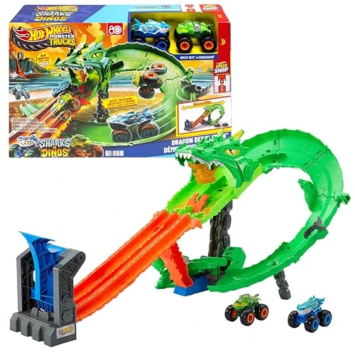 Offerta a tempo: Hot Wheels Monster Trucks - Sharks vs. Dinos Dragon Destruction, set con veicoli Great Bite e Rageasaur inclusi, sconfiggi il nemico cyborg, giocattolo per bambini, 4+ anni, JGB06 - 32% da 49.99 € a 33.76 €