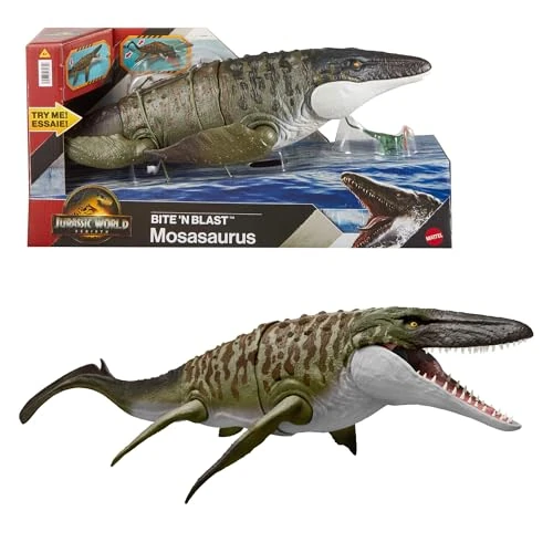 Limitiertes Angebot: Mattel Jurassic World: Die Wiedergeburt Bite N Blast Mosasaurus Actionfigur und Mini-Dilophosaurus, Dinosaurier-Spielzeug mit breitem Kiefer, filmgetreues und bewegliches Design, JJP80 von 55.99 EUR auf 47.99 EUR (Spare 14%)