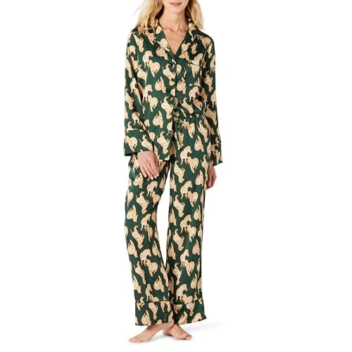 Amazon Essentials Conjunto De Pijama De Satén Con Camisa y Pantalón Mujer, Verde Oscuro Beige Cebra, M