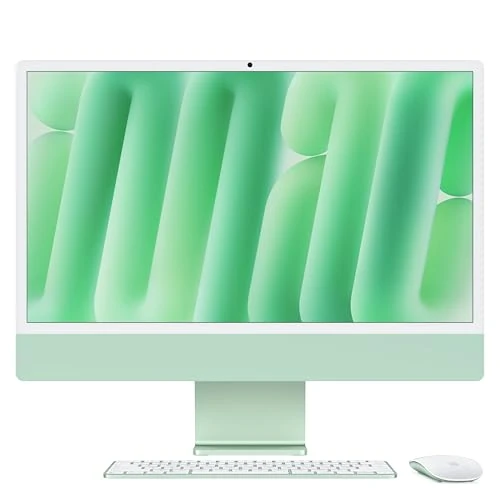Apple iMac Computer desktop all-in-one: Chip M4, CPU 8-core e GPU 8-core: display Retina 24'', 16GB di memoria unificata, 256GB di archiviazione SSD, con accessori. Per iPhone/iPad; Verde