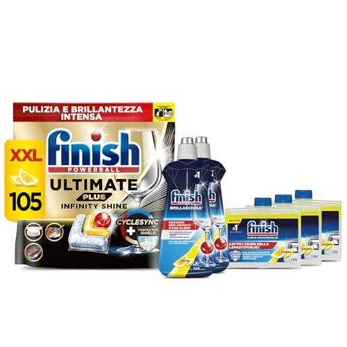 Offerta a tempo: Finish Kit Lavastoviglie, 105 Pastiglie Ultimate PLUS Infinity Shine al Limone contro lo Sporco e i Residui Incrostati, 2 Brillantante Lemon da 500ml, 3 Curalavastoviglie al Limone da 250ml - 21% da 47.99 € a 37.99 €