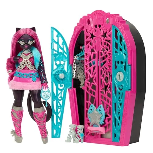Monster High Segreti da Brivido - Catty Noir I Misteri di Hauntlywood, bambola con abiti, guardaroba e 19 accessori glamour a sorpresa inclusi, giocattolo per bambini, 4+ anni, JBG82