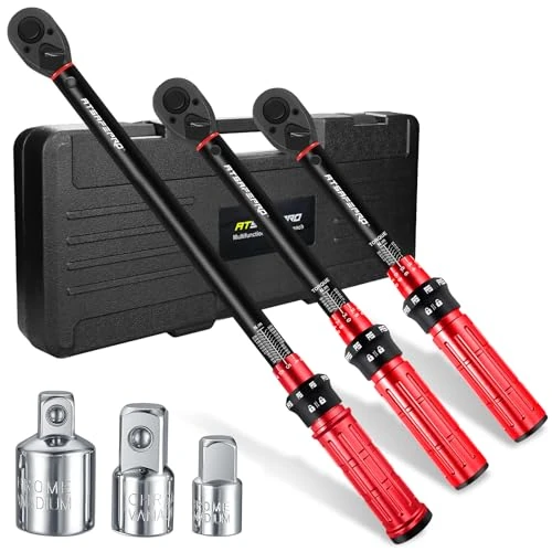 Offre limitee: ATsafepro Jeu de 6 Clés dynamométriques 1/4" 3/8" 1/2" pour vélo, moto, voiture, clé dynamométrique, 3-25 NM 5-60 NM 20-230 NM, 72 dents avec 1/4" vers 3/8" vers 1/2", trois adaptateurs de 108.88 EUR a 87.10 EUR (economie 20%)